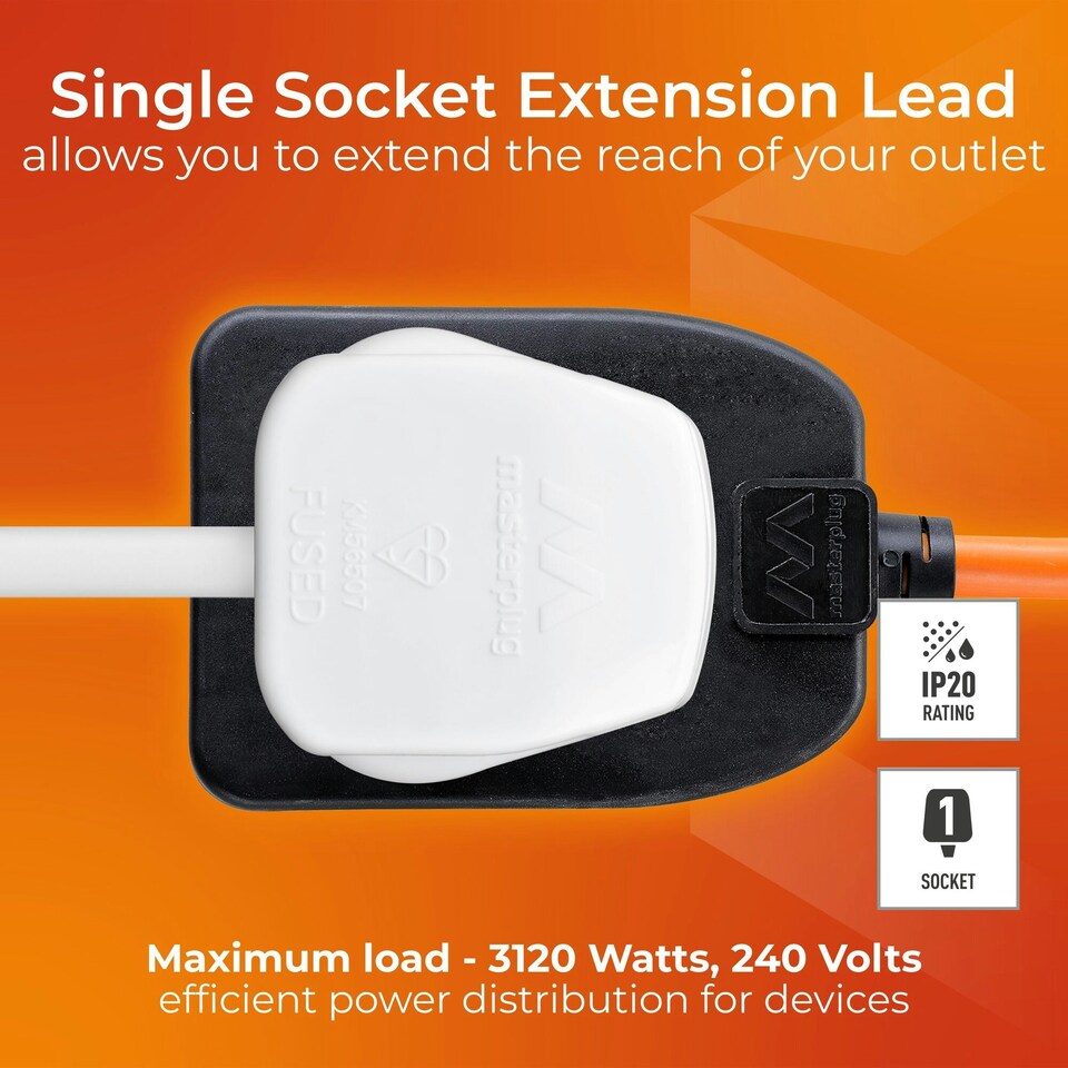 image 1 of Masterplug Single Socket Extension Lead with 10m Cable 13A Orange