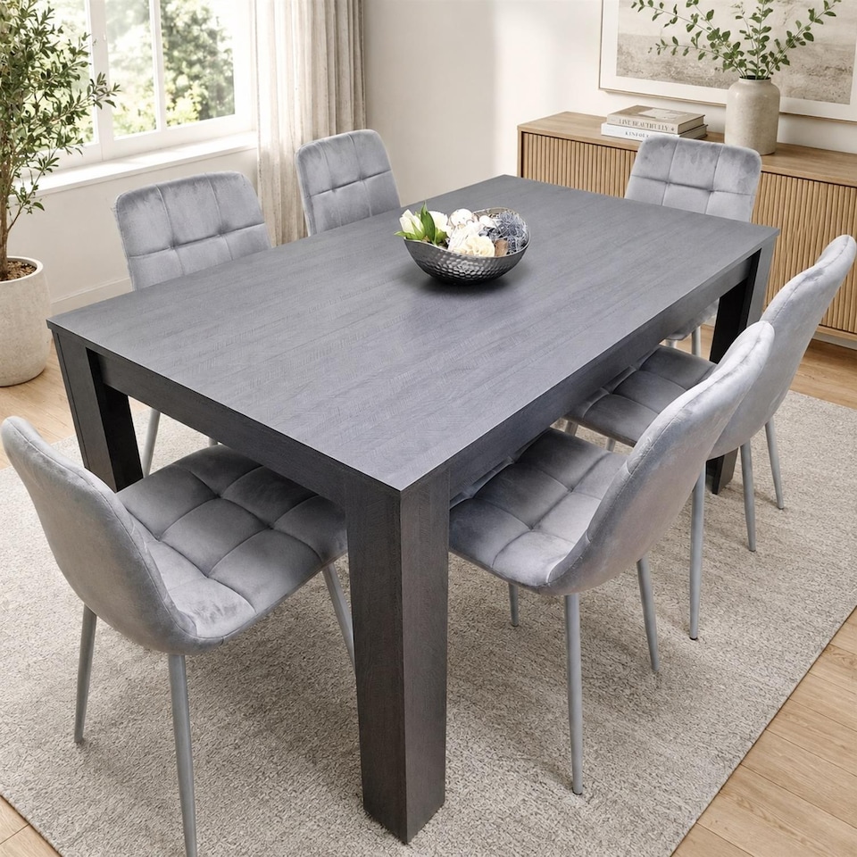image 1 of Dining Table and 6 Chairs  Black Dark Grey 6 Grey Velvet Chairs Wood Dining Set Furniture | Grey | One Size | 7