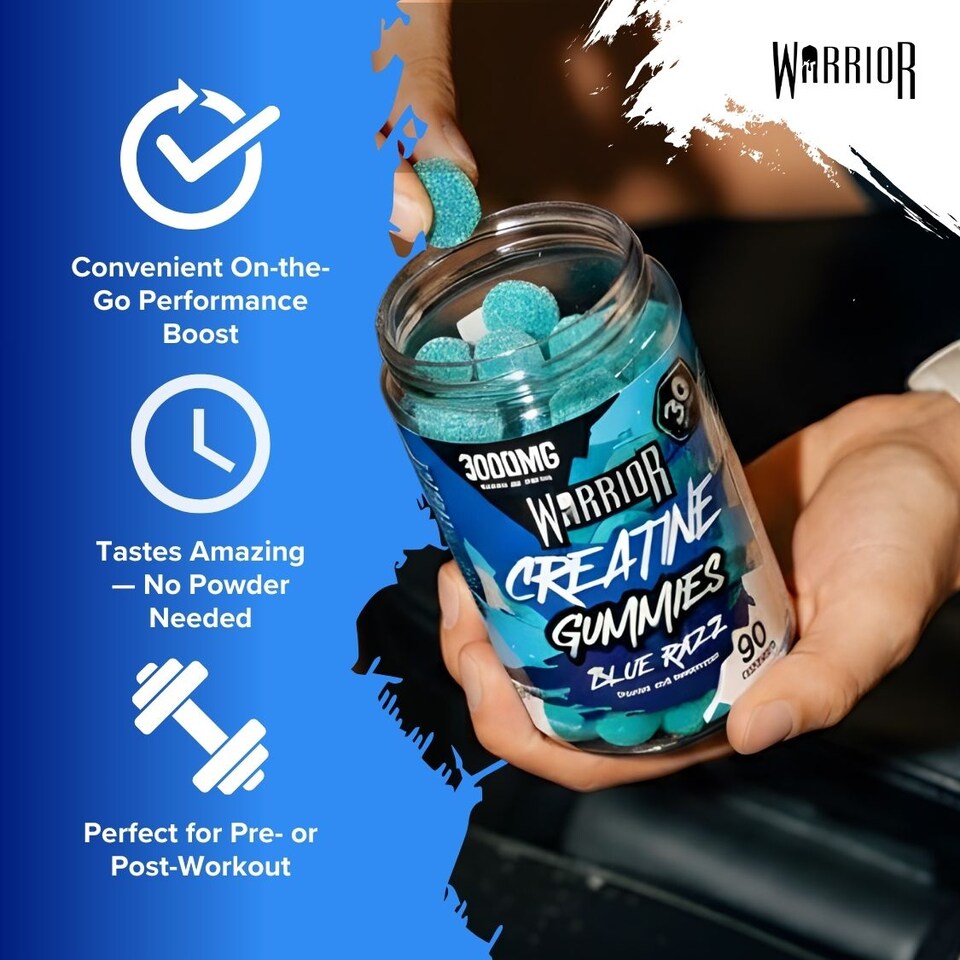 image 1 of Warrior Creatine Monohydrate Gummies – 3000mg Creatine per Serving, Chewable & No-Mix – Blue Razz, 90 Gummies (30 Servings)