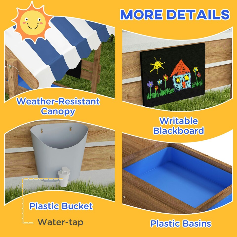image 1 of Outsunny Sand Pit with Canopy, Blackboard, Toys, Sink, Seats, Flags for Kids