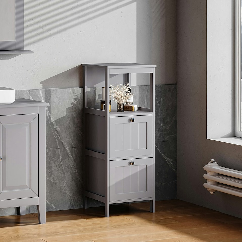 image 1 of Living and Home Compact Wooden Bathroom Cabinet with Drawers - Grey