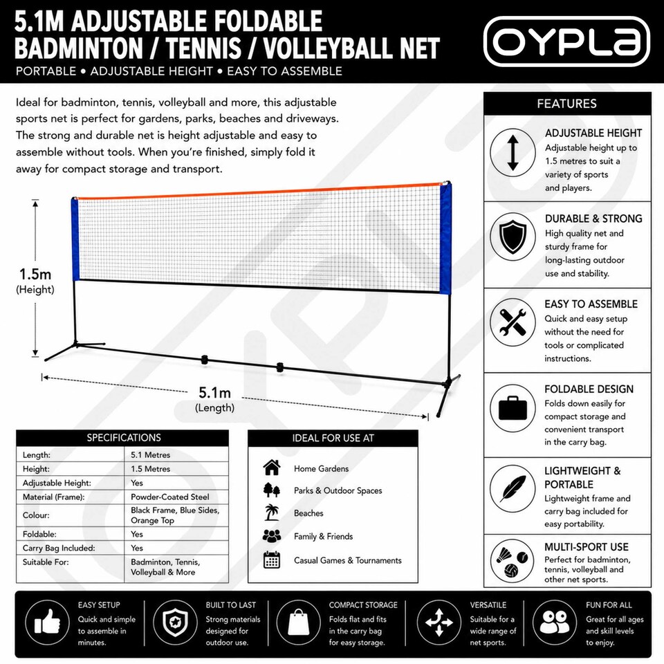image 1 of Large 5m Adjustable Foldable Badminton Tennis Volleyball Net
