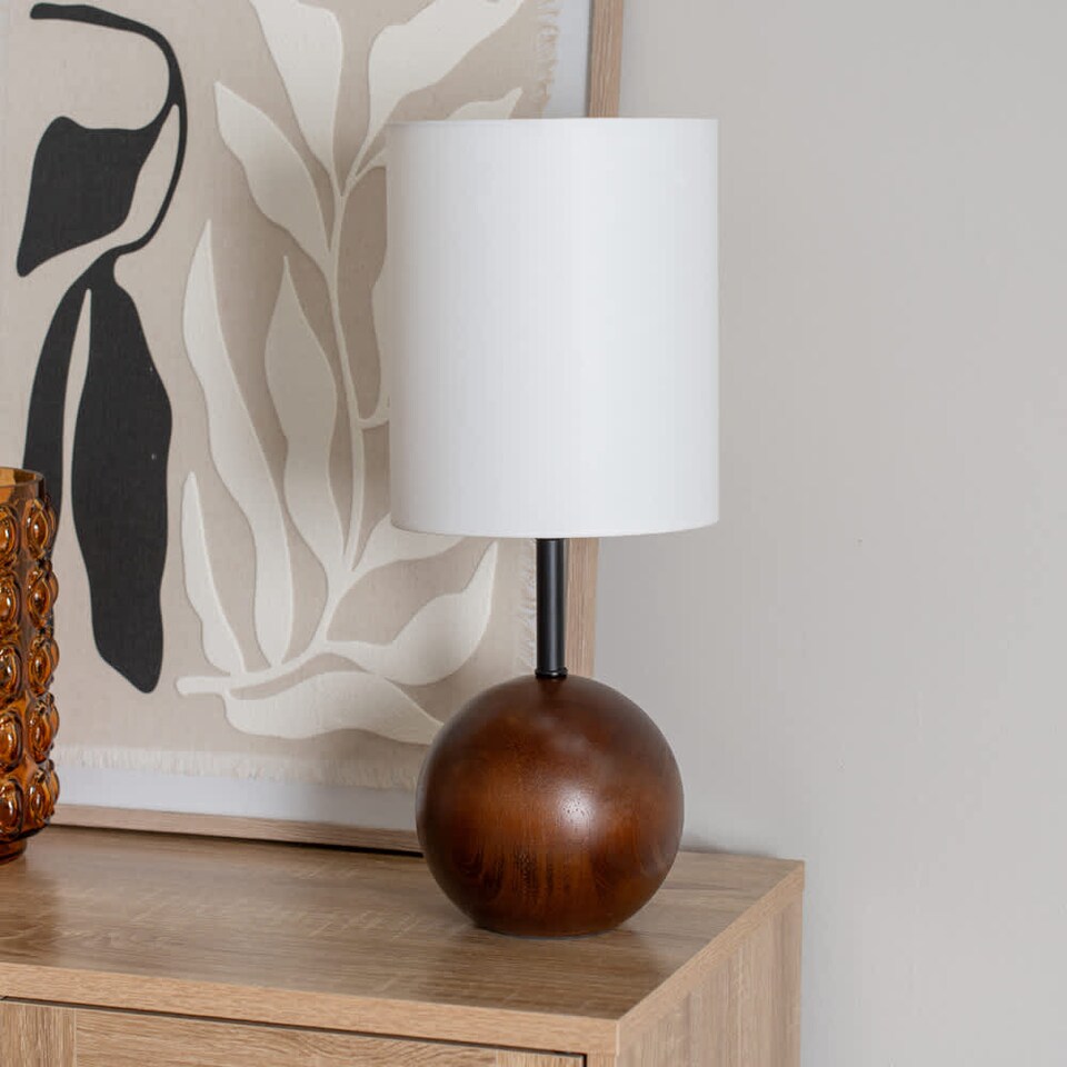 image 1 of ValueLights Brandon White Linen Shade Walnut Wood Table Lamp | Brown