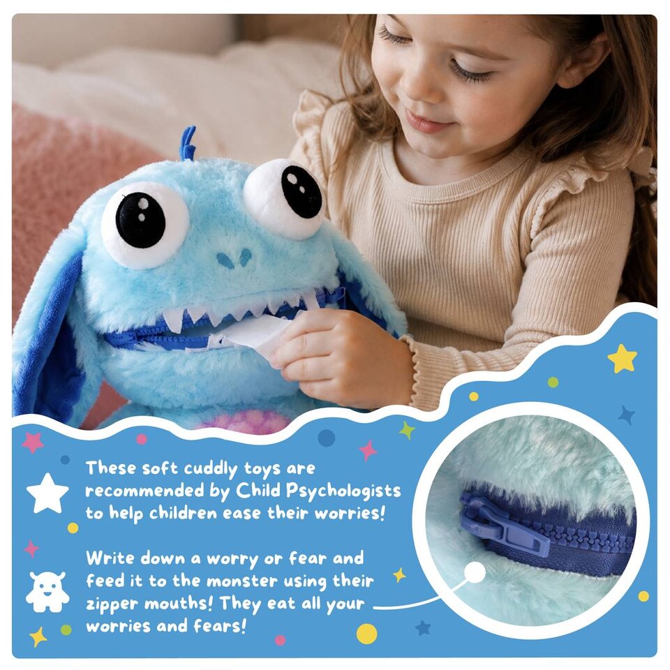 image 1 of Kids Worry Yummy Monster Cuddly Plush Toy Gift Set of 3 - Jumbo, Large and Clip-On Sizes Included