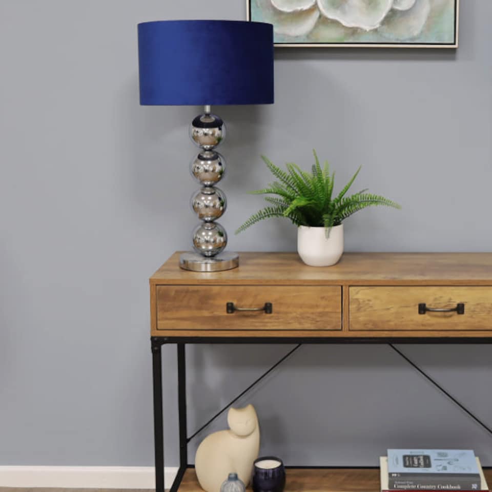 image 1 of Aila Metal Sphere Lamp Chrome Table Lamp with Navy Shade
