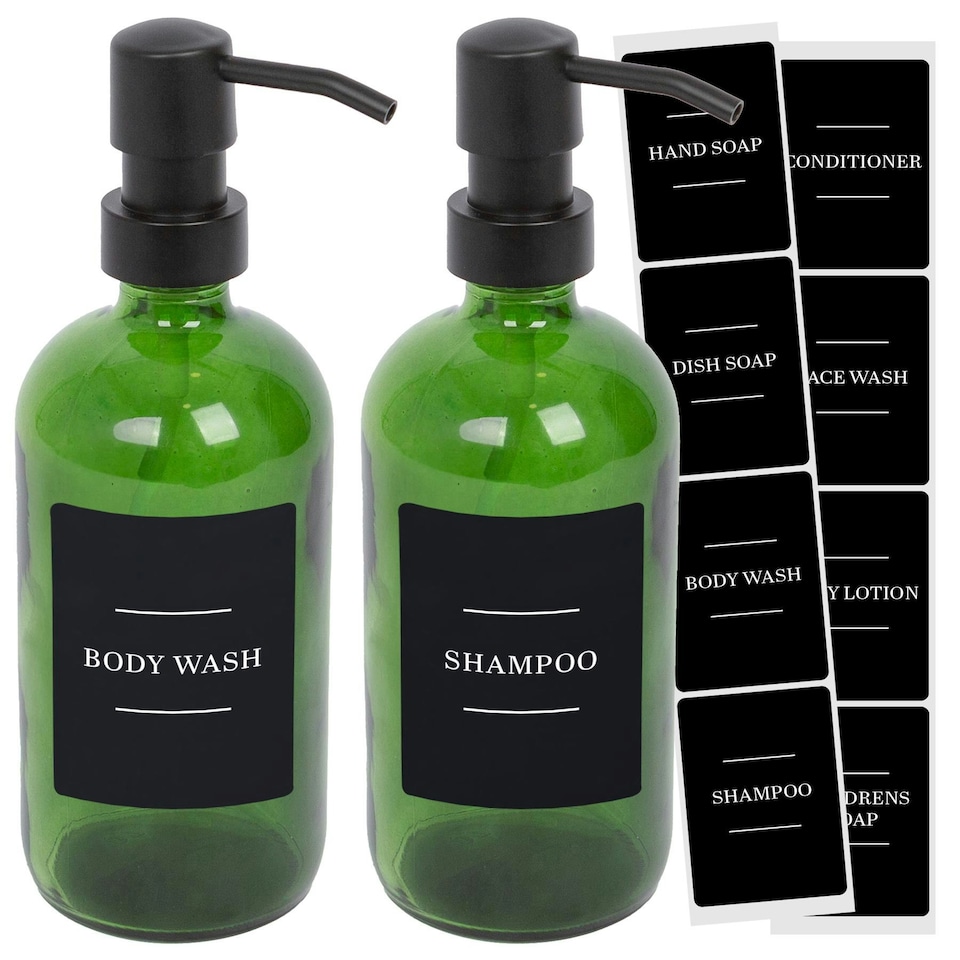 image 1 of Harbour Housewares Glass Soap Dispensers with Labels - 500ml - Green/Black - Pack of 2
