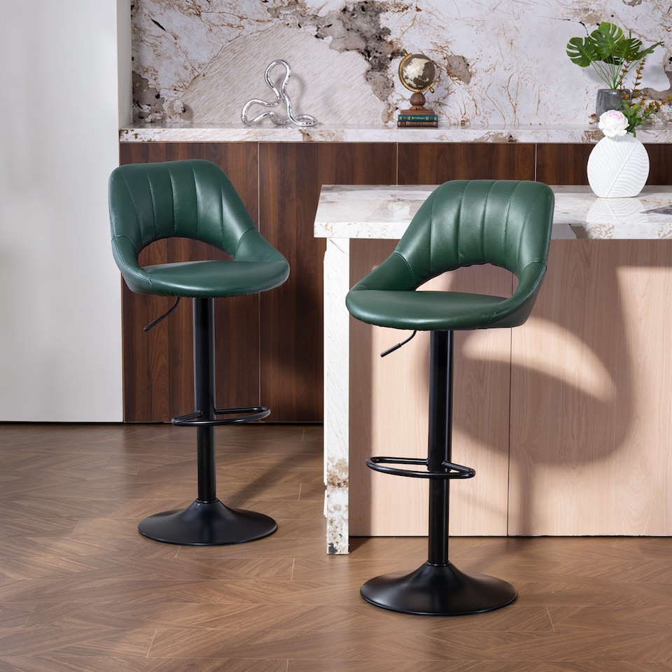 image 1 of HOMCOM Bar Stools Set of 2, Swivel Barstools with Adjustable Height, Backrest and Footrest,  Modern PU Leather Upholstered Breakfast Bar Chairs for Kitchen Island, Counter, Dining Room, Dark Green | Green | Green