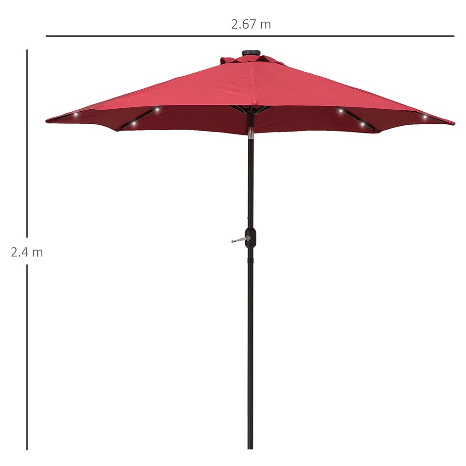 image 1 of Outsunny 2.7m Patio Garden Umbrella Outdoor Parasol Outdoor Market Table Umbrella with Tilt Crank and 24 LEDs Lights Wine Red