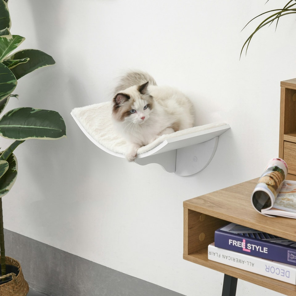 image 1 of PawHut Wood Cat Shelves, Wall-Mounted Cat Shelter, Curved Kitten Bed, White