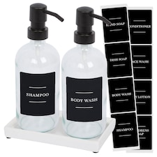 Harbour Housewares 2pc Glass Soap Dispenser Set with Ceramic Tray & Labels - 500ml - Clear/Black
