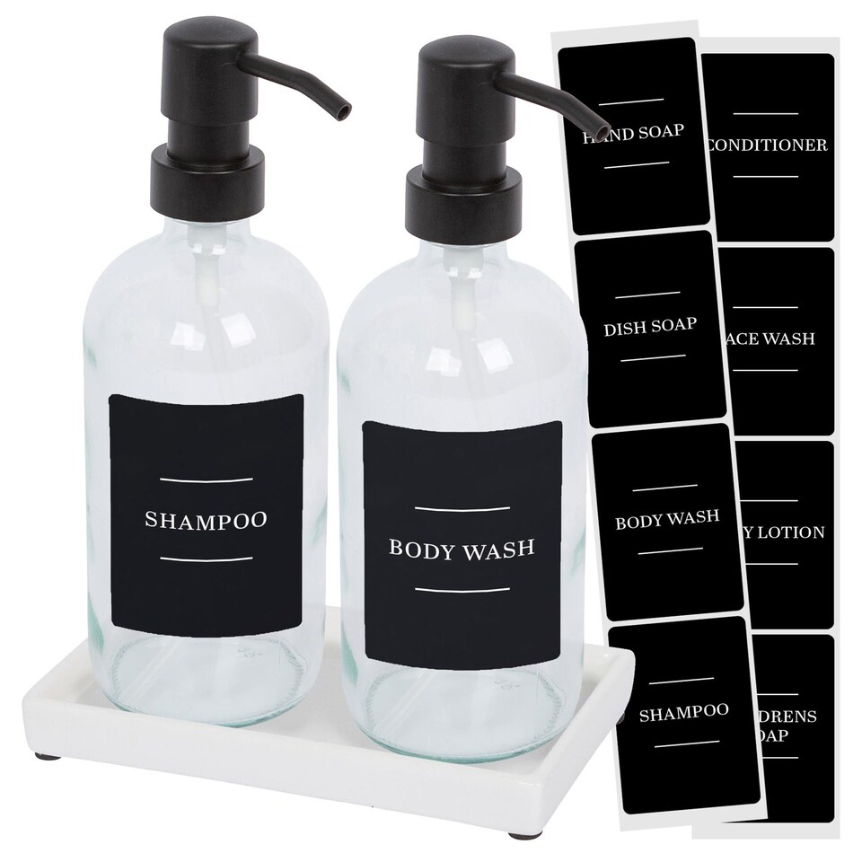 image 1 of Harbour Housewares 2pc Glass Soap Dispenser Set with Ceramic Tray & Labels - 500ml - Clear/Black
