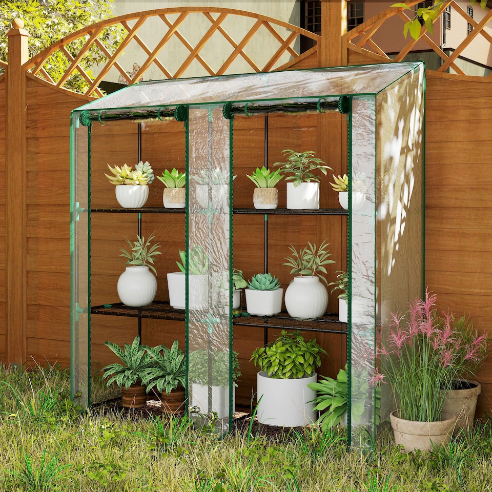 image 1 of Outsunny Mini Green House with 3 Tier Shelves, 151H x 143W x 46Dcm, Clear