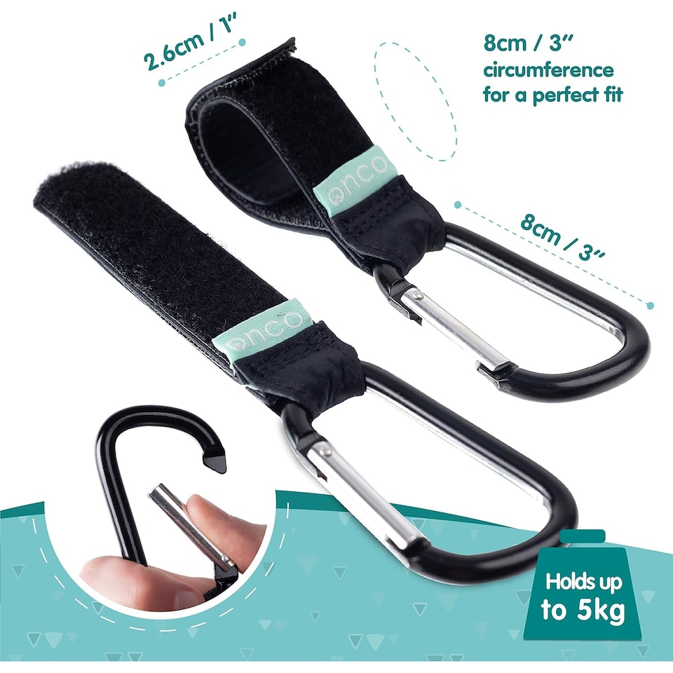 image 1 of ONCO Baby Pram Buggy Clips 2 Pack | Universal Pushchair Bag Hooks for Shopping Bags & Changing Bags