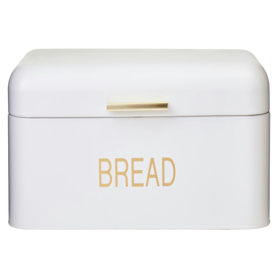 image 1 of Interiors by Premier Matte Cream Bread Bin with Gold Handle, Tin Bread Storage Box for Kitchen, Large Capacity Bread Container White