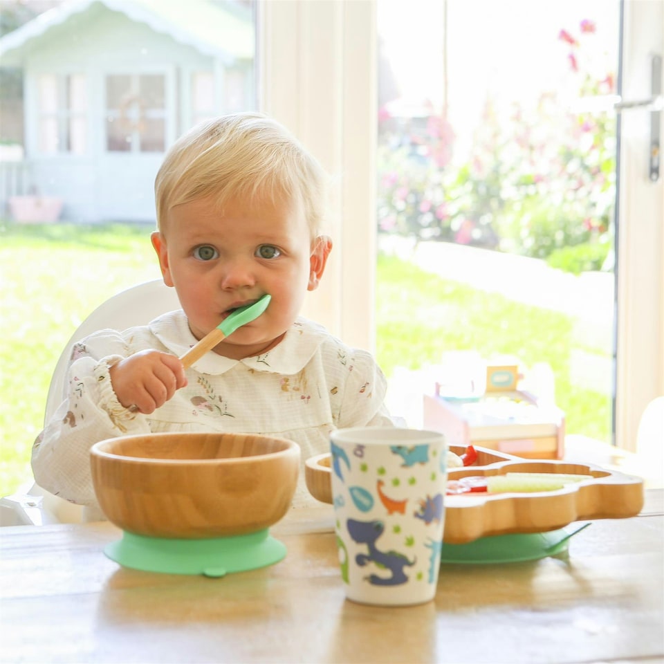 image 1 of Tiny Dining Children's Bamboo Silicone Tip Spoon - Green