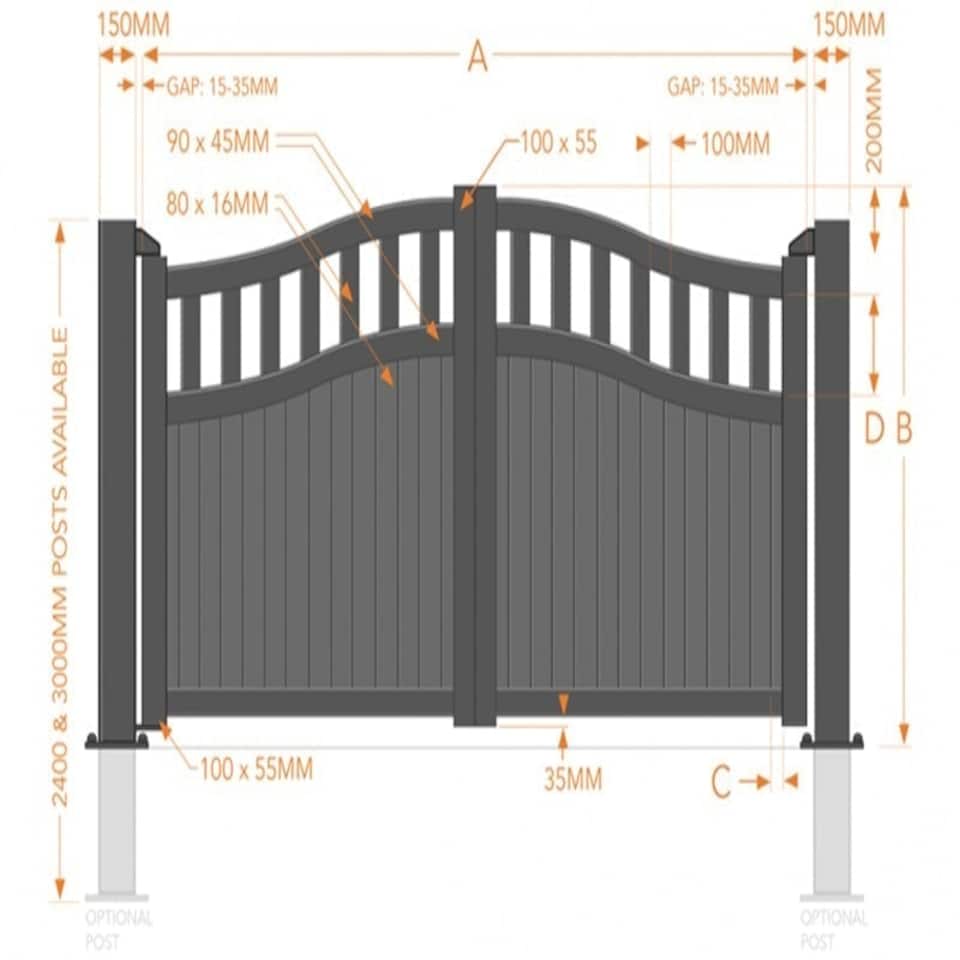 image 1 of Double Swing Gate 3000x2200mm Black - Vertical Solid Infill and Bell-Curved Top Full Privacy Driveway Gate Black