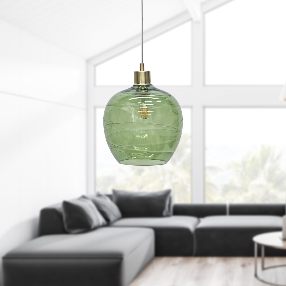 image 1 of Set of 2 Leah - Green Ripple Glass Globe with Satin Brass Pendant Fittings