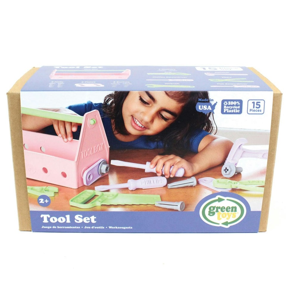 image 1 of Green Toys Pink 15 Piece Tool Set, Made From 100% Recycled Plastic