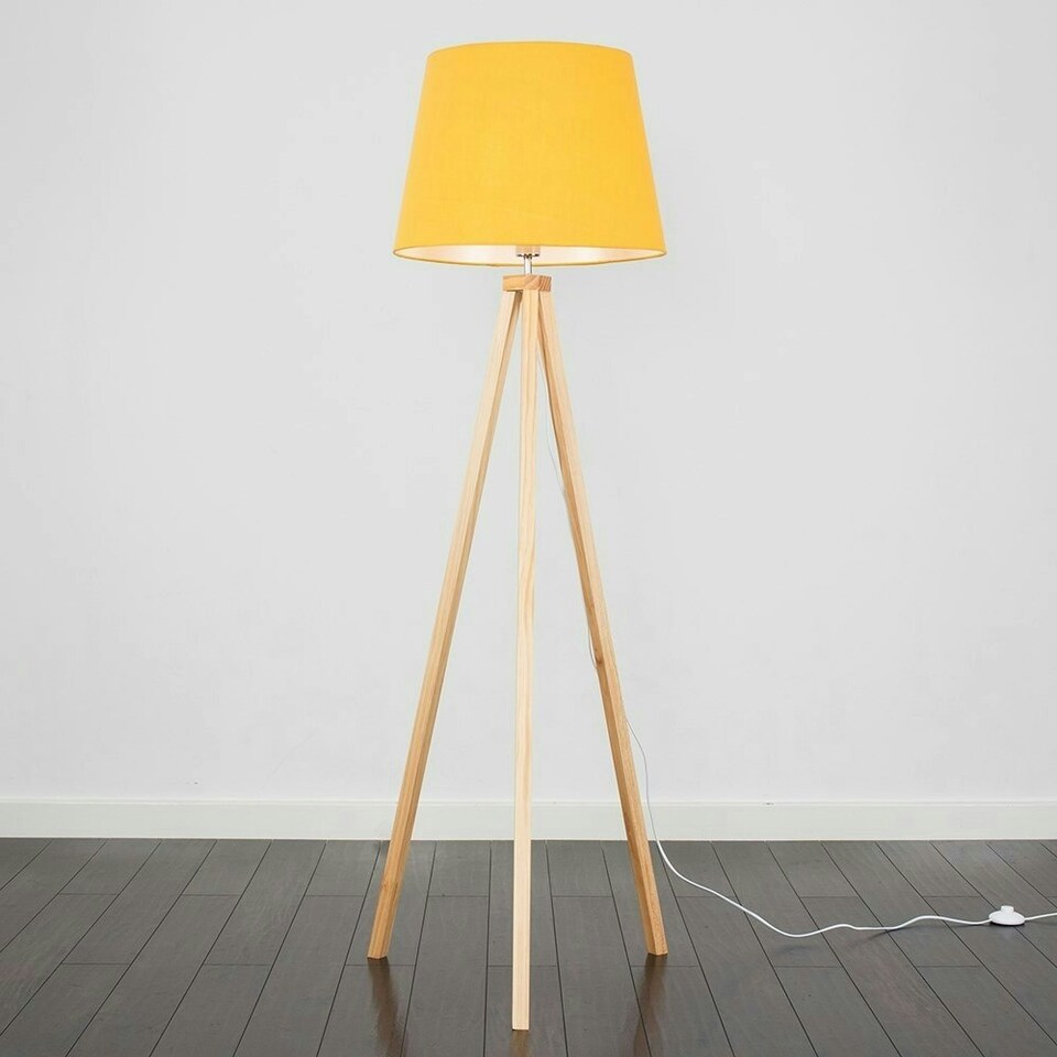 image 1 of ValueLights Modern Light Wood Tripod Design Floor Lamp With Mustard Shade Yellow
