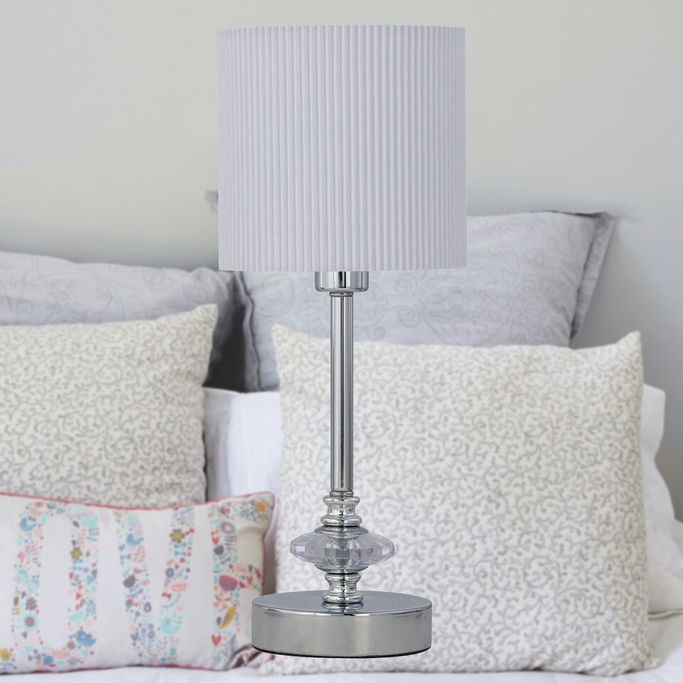 image 1 of First Choice Lighting Chrome Jewelled Table Lamp with White Pleat Shade Chrome | White