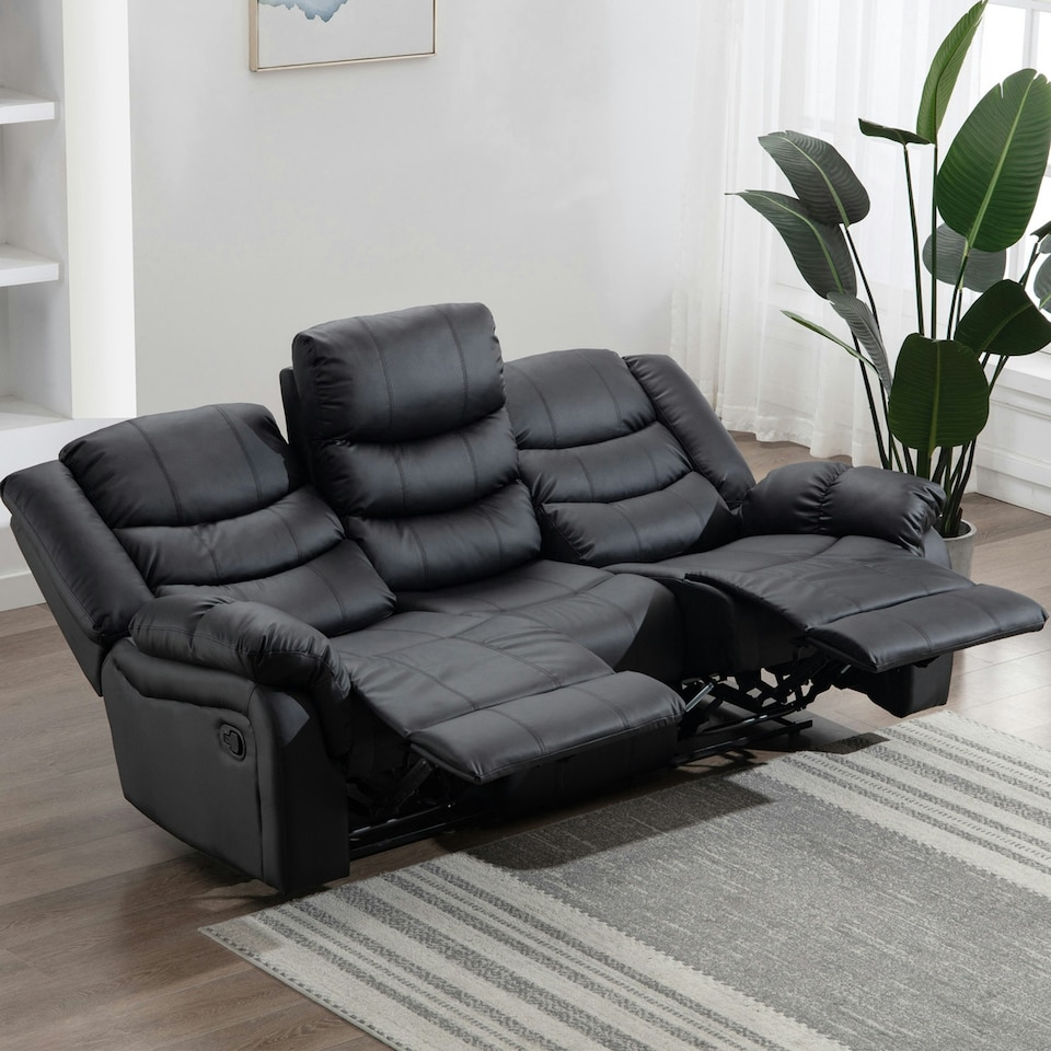 image 1 of Seattle 3 Seater Manual High Back Bonded Leather Recliner Sofa (Black)