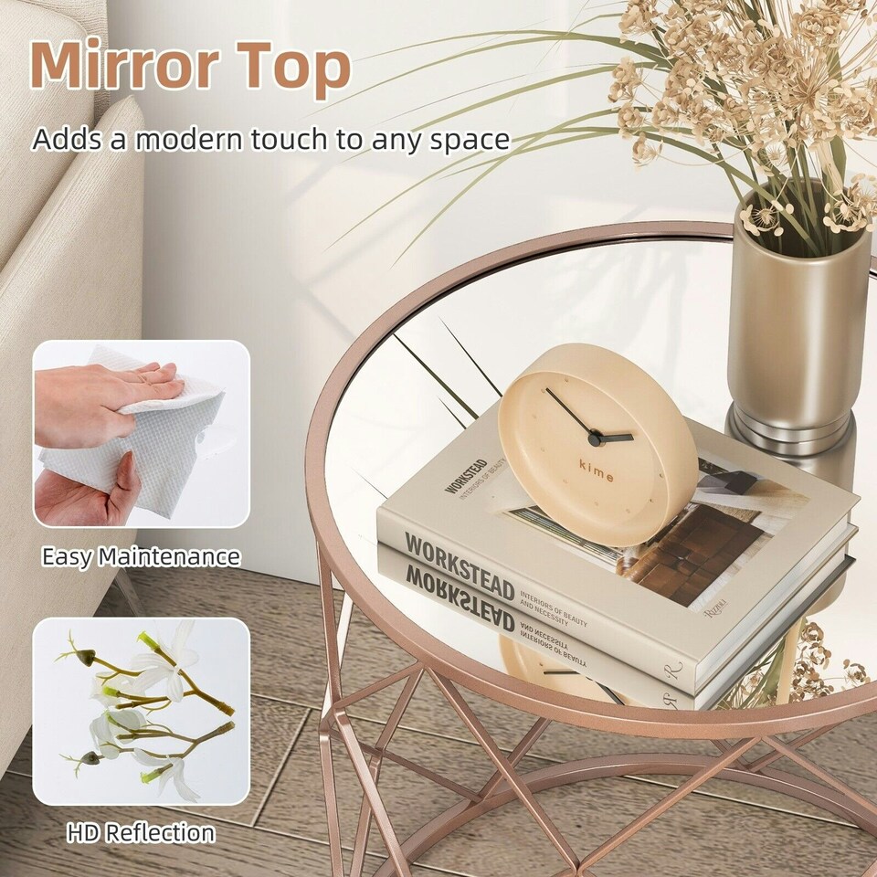 image 1 of COSTWAY Set of 2 Stackable Round Coffee Table W/Mirrored Top Yellow
