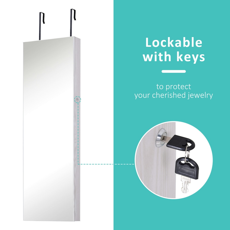 image 1 of HOMCOM Hanging Mirrored Jewel Storage Cabinet Organiser Lockable w/6 LED White