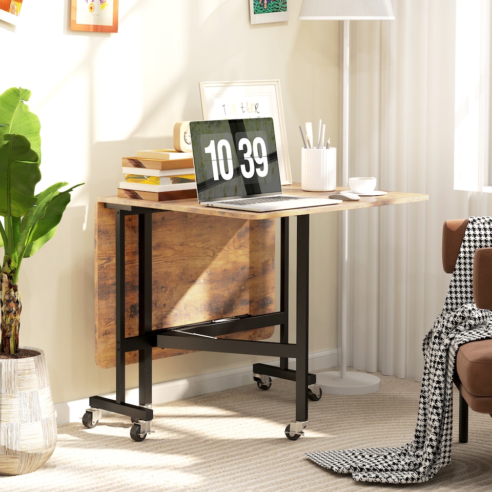 image 1 of HOMCOM Mobile Drop Leaf Table, Folding Dining Table with 6 Wheels & Brakes, Kitchen Table for Small Spaces, Rustic Brown | Brown