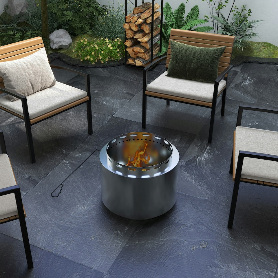 image 1 of Outsunny 48.5cm Smokeless Wood Burning Firepit Stainless Steel Fire Pit, Silver