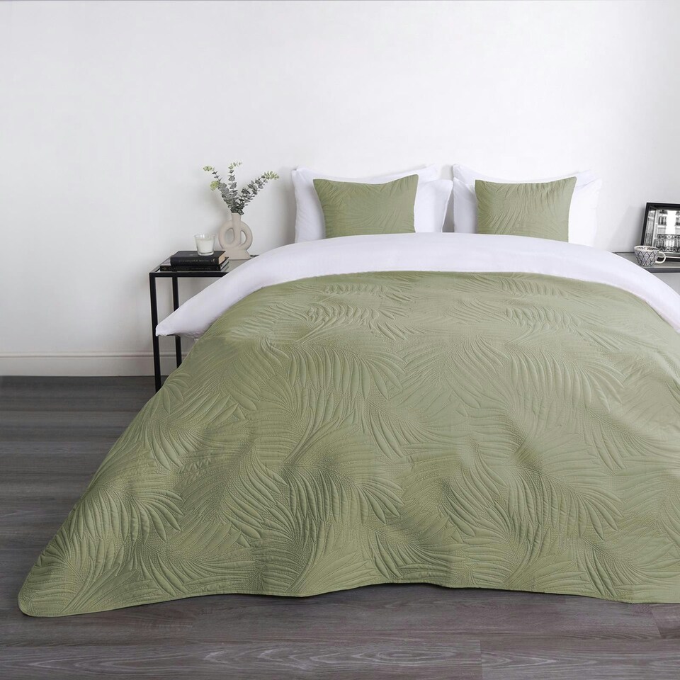 OHS Leaf Pinsonic Throw Quilted Bedspread, 200x240cm Sage Green