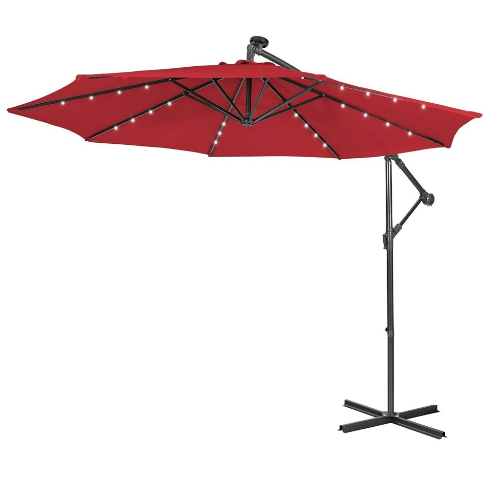 image 1 of COSTWAY 10FT Cantilever Parasol Patio Offset Umbrella LED Lights Red