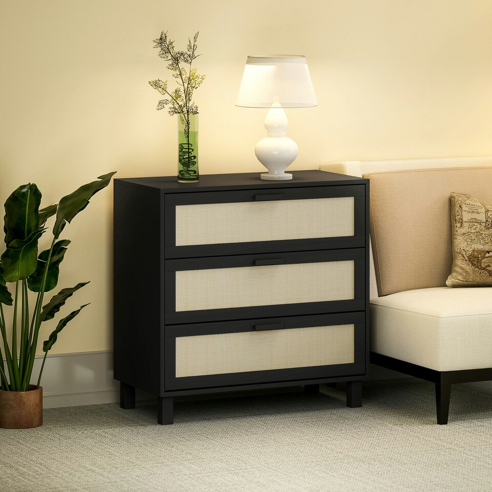 image 1 of HOMCOM 3 Drawer Cabinet Storage Cupboard Sideboard Organiser, Black Black | Nature Wood Finish