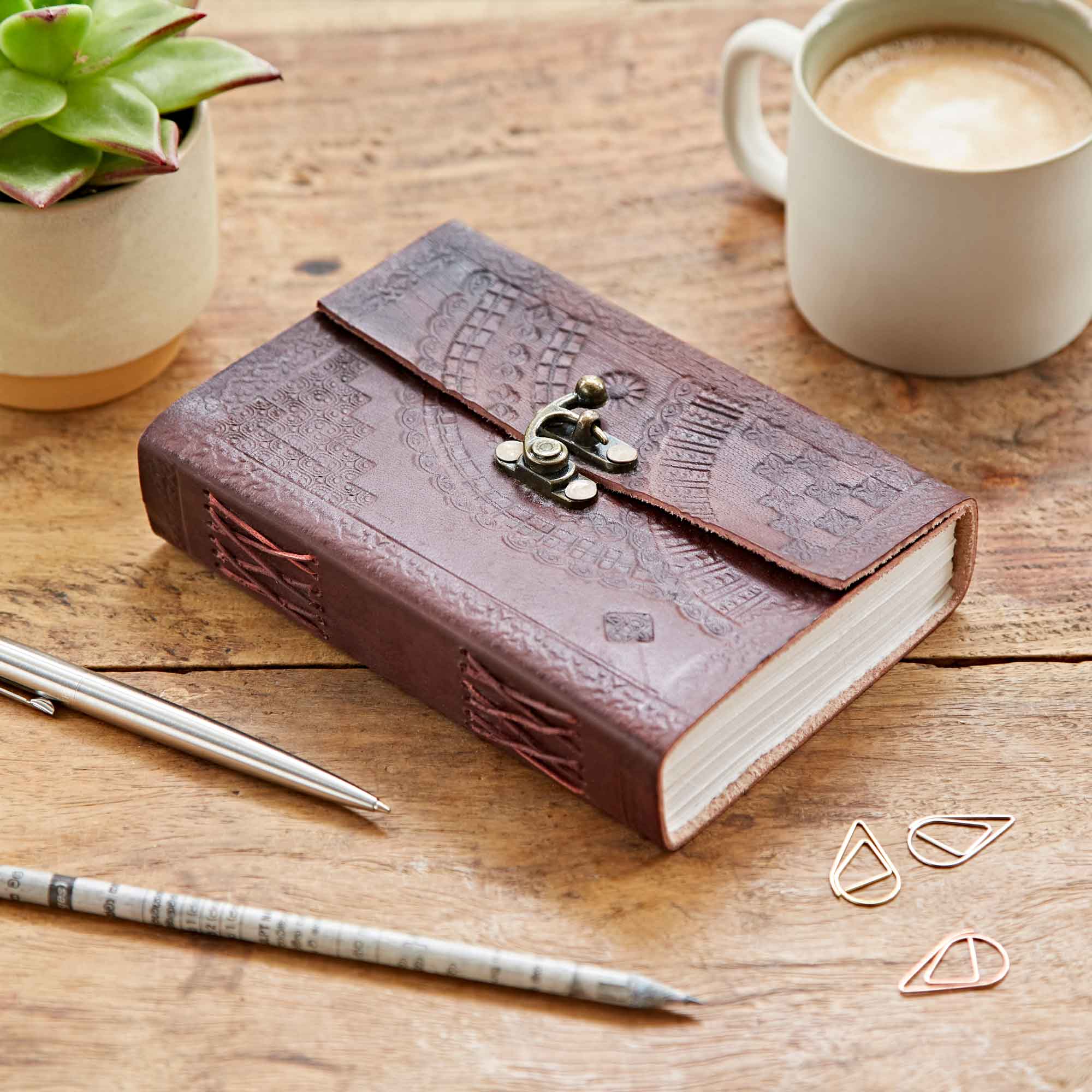 Paper High Indra Medium Embossed Leather Journal in Brown