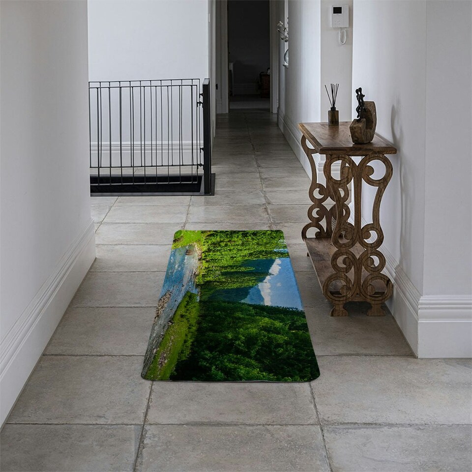image 1 of landscape with mountains, forest and a river in front. beautiful scenery Designer (Runner Rug)