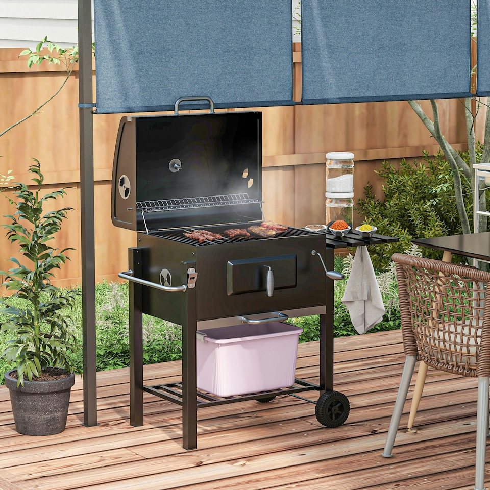 image 1 of Outsunny Charcoal Grill BBQ Trolley Wheels Shelf Side Thermometer Steel Black