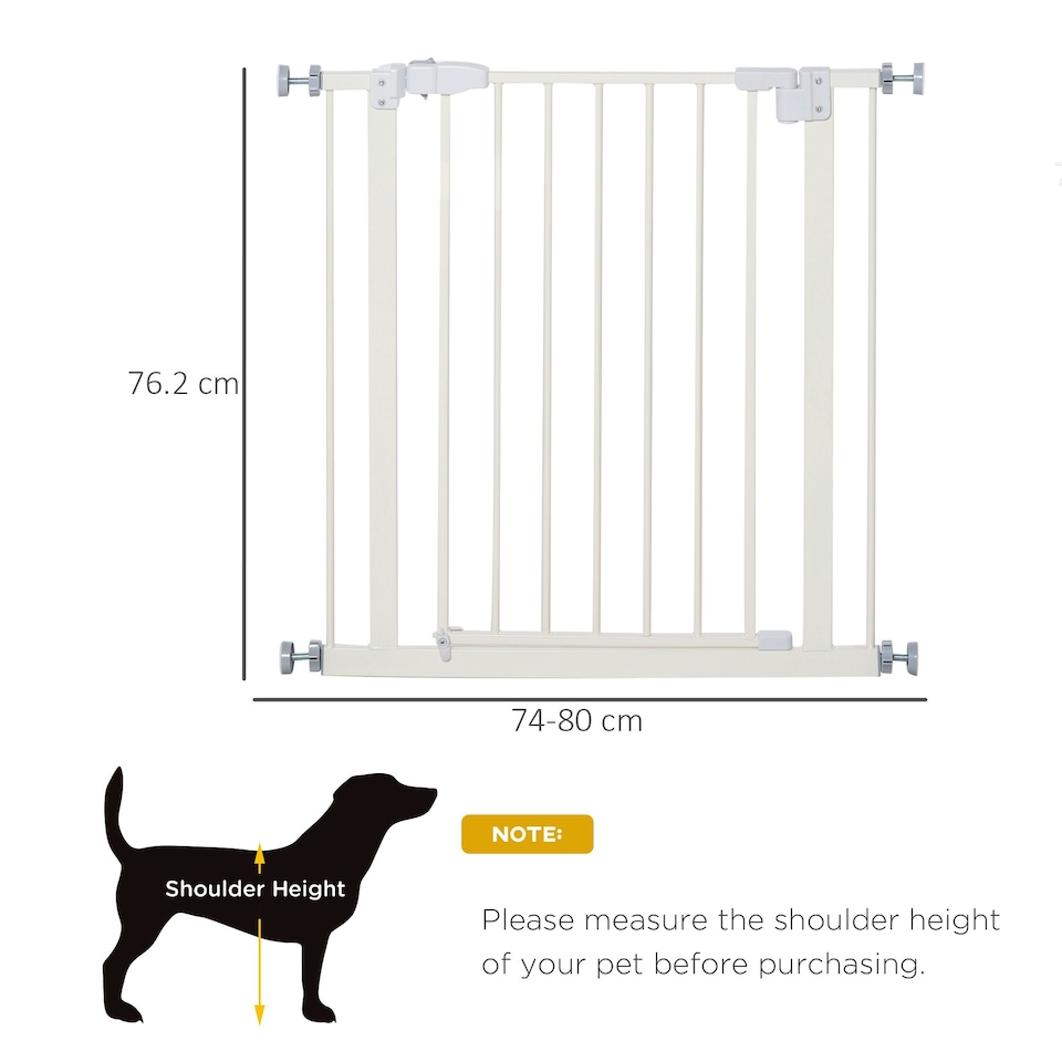 image 1 of PawHut 74-80cm Adjustable Metal Pet Gate Safety Barrier w/ Auto-Close Door White