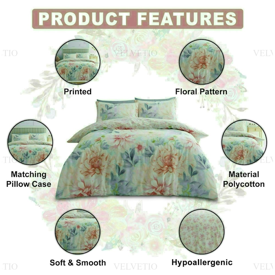 image 1 of Kalisse Floral Printed Duvet Cover Set Reversible Polycotton Beddings Multi | Single