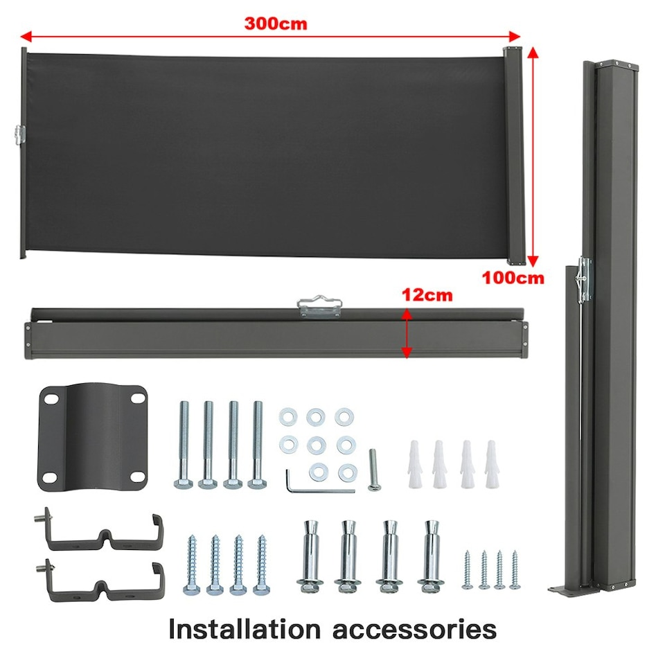 image 1 of Living and Home Retractable Side Awning Sunshade Blind 3m - Black Black