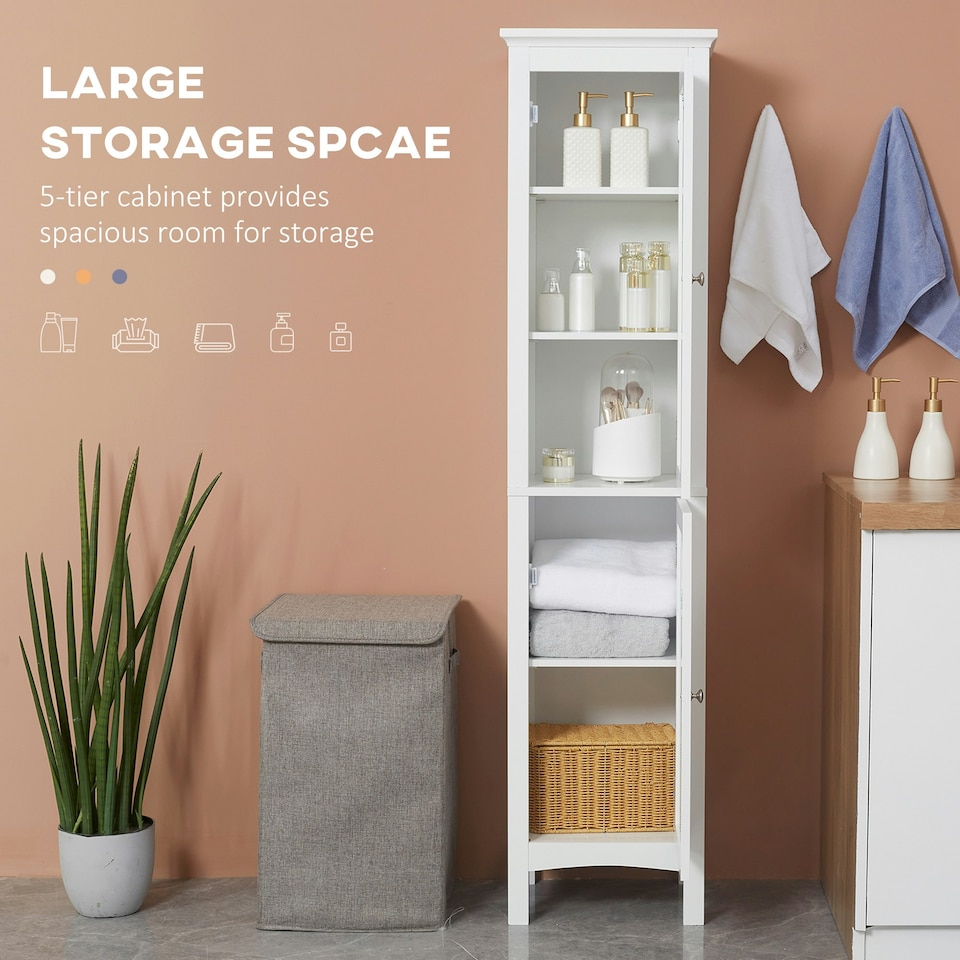 image 1 of kleankin Tall Bathroom Cabinet with Adjustable Shelves, Double Door, White White