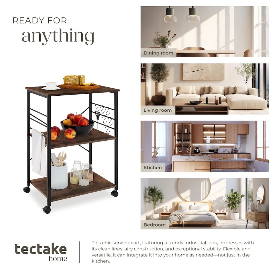 image 1 of Drinks Trolley Rugby - 3 shelves, 4 castors with parking brake | Brown | Industrial wood dark, rustic | 65,50 x 45,50 x 88,50 cm | 1