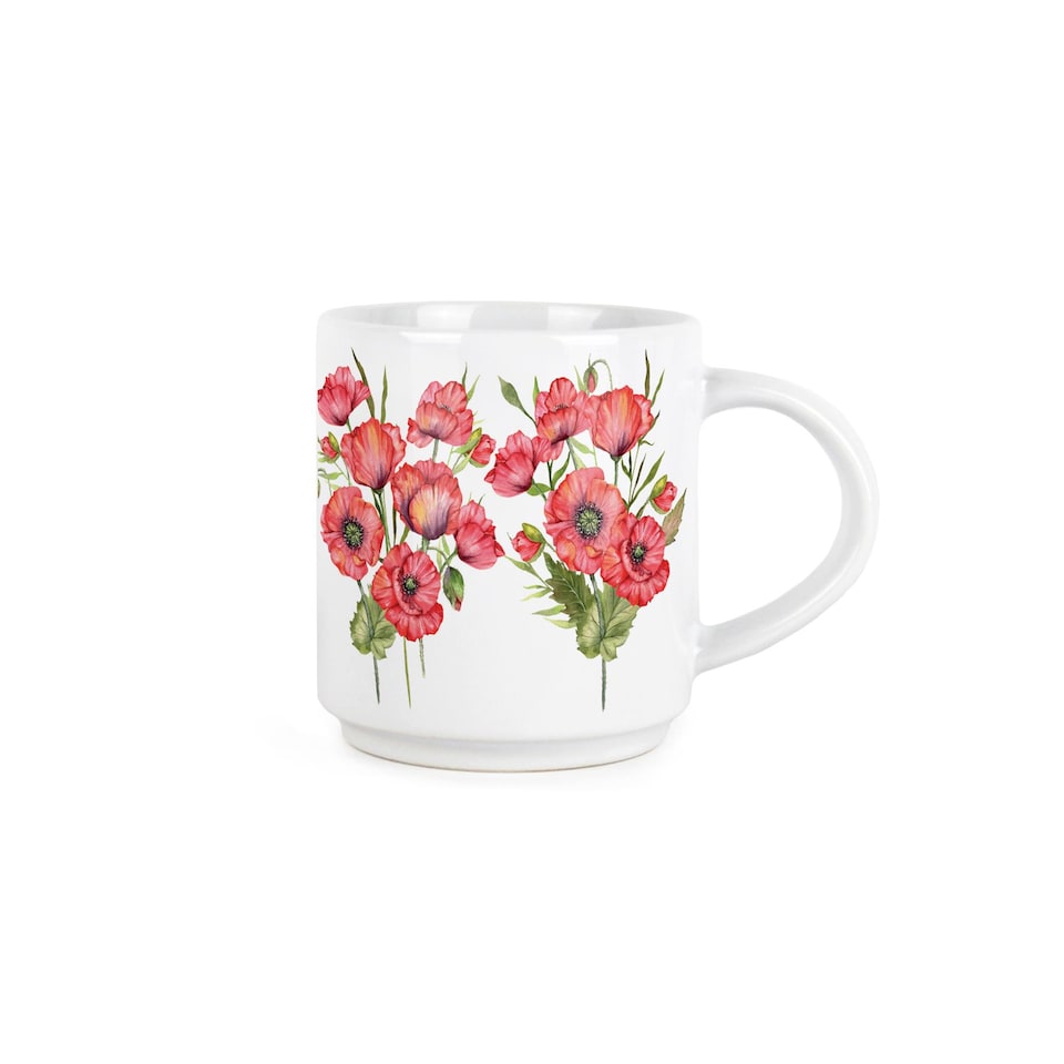 image 1 of Red Poppies Stacking Mugs Set - Floral Presents for Her - Set of 4 Ceramic Mugs Gift Set with Metal Stand | White