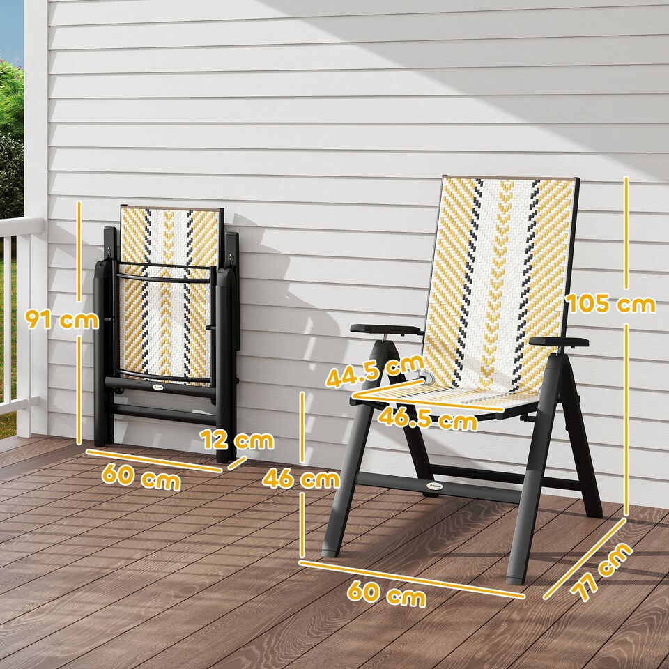image 1 of Outsunny Folding Rattan Garden Chairs Set of 2, 5-Position Reclining Garden Dining Chairs, High Back PE Wicker Outdoor Recliners with Armrest and Steel Frame for Patio, Terrace, Balcony, Orange | Orange | Orange