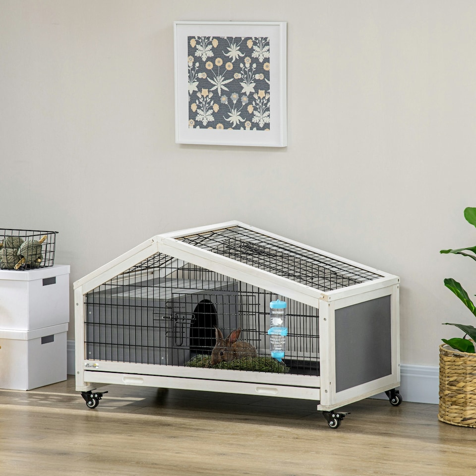 image 1 of PawHut Rabbit Cage with Water Bottle, Wheels, Plastic Slide-Out Tray - Dark Grey