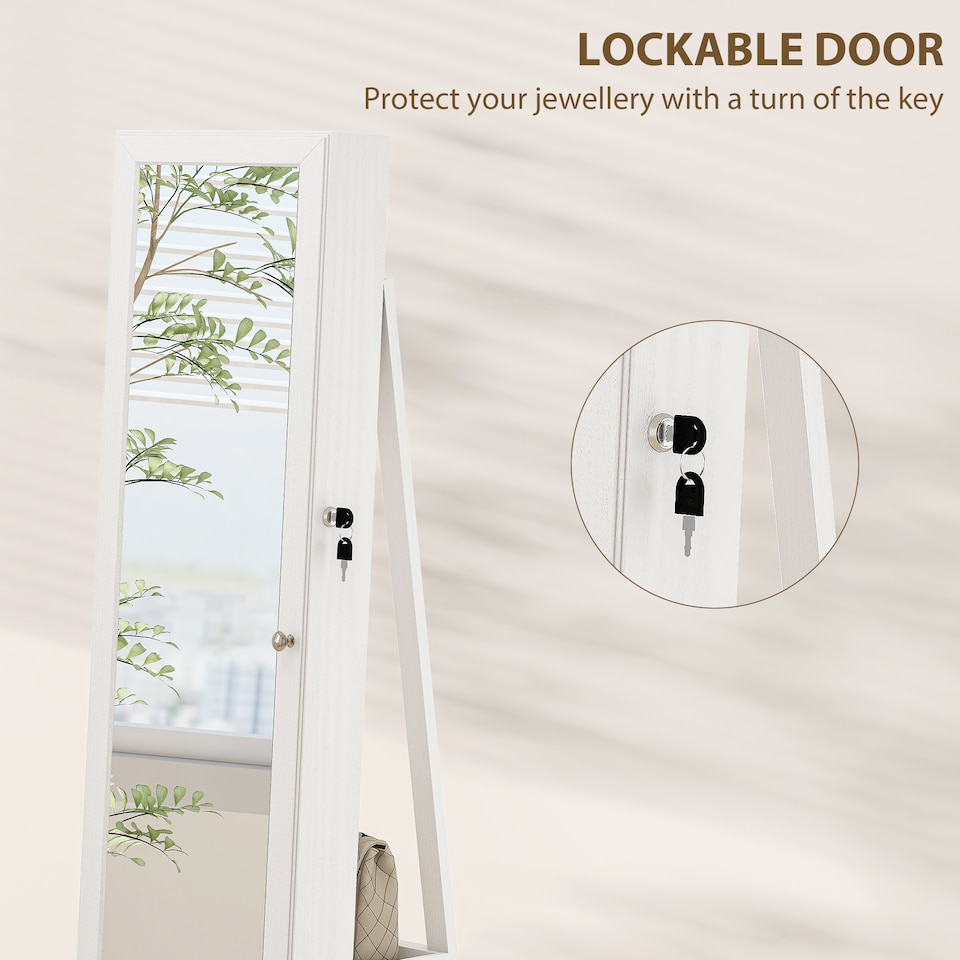 image 1 of HOMCOM 360  Swivel Jewellery Cabinet, Free Standing Full Length Mirror with Storage, Lockable Jewellery Organiser with Built-in Makeup Mirror and Storage Shelves for Bedroom, White