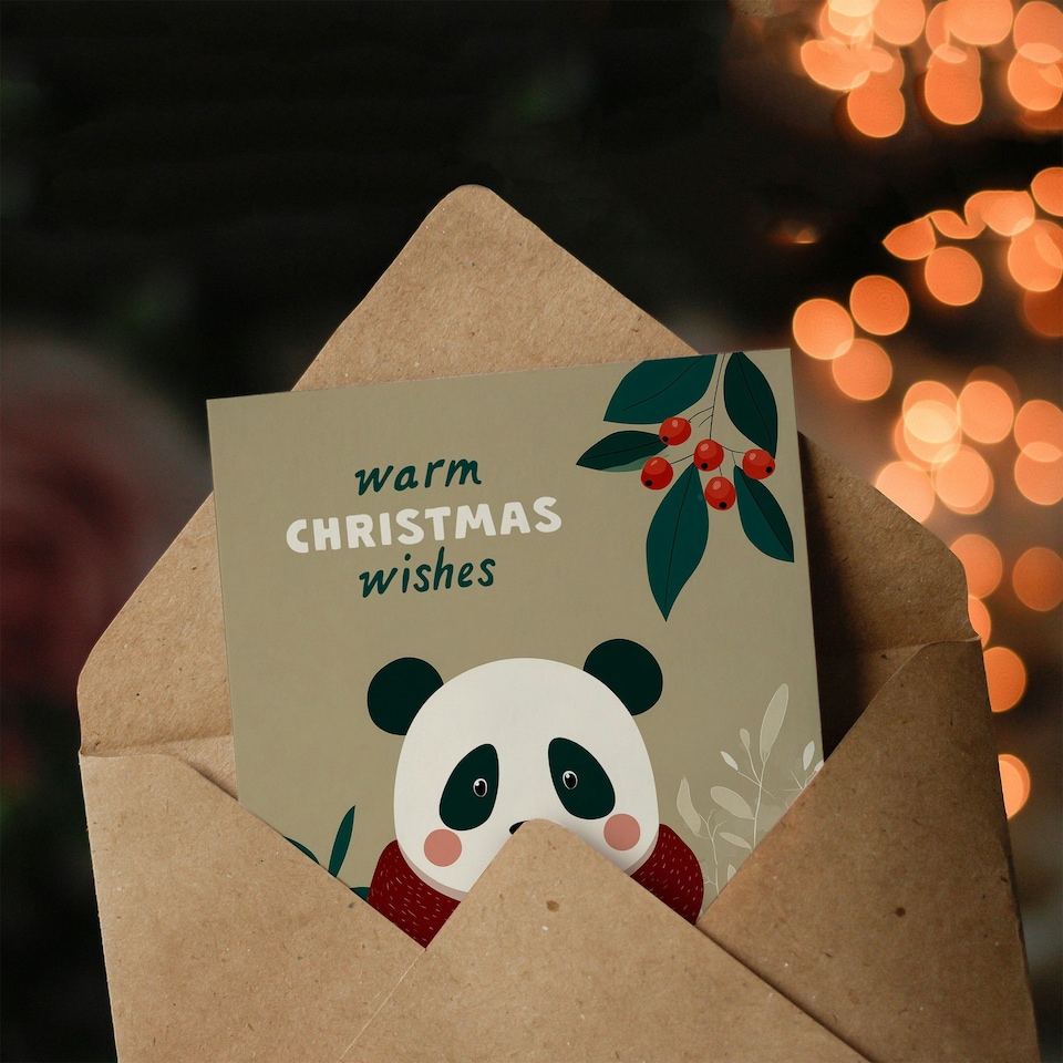 image 1 of Christmas Card Cute Happy Panda With Hot Chocolate Cup