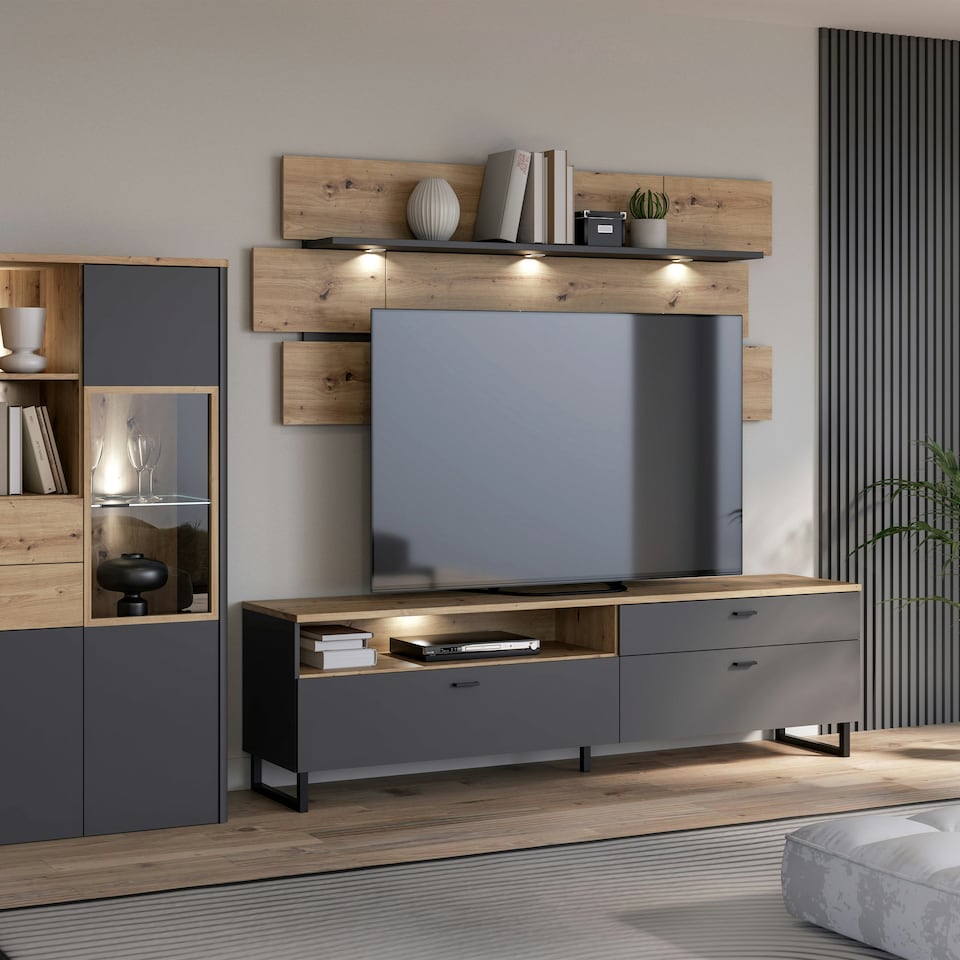 image 1 of Klara TV Unit with 1 Drawer 2 Flip Doors in Grey and Oak inc LED Lighting