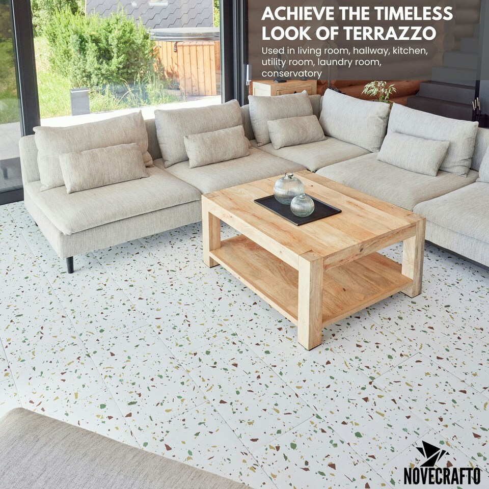 image 1 of NOVECRAFTO Vinyl Floor Tiles Self Adhesive – 12x24in Peel and Stick Rectangular Flooring for Kitchen, Bathroom & Living Room – White Terrazzo Look with Flecks White | 3.71 sqm