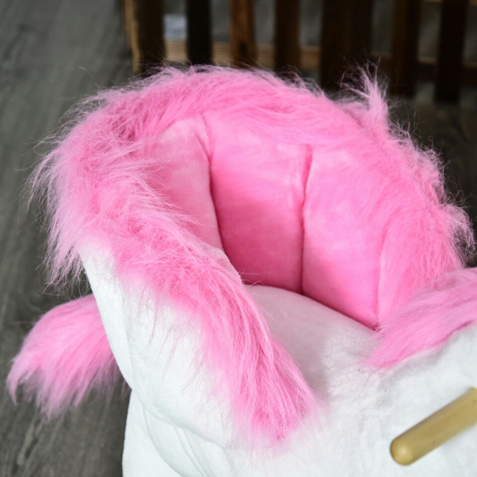 image 1 of HOMCOM Kids Wooden Ride On Unicorn Rocking Horse Plush Toy Soft Seat Pink