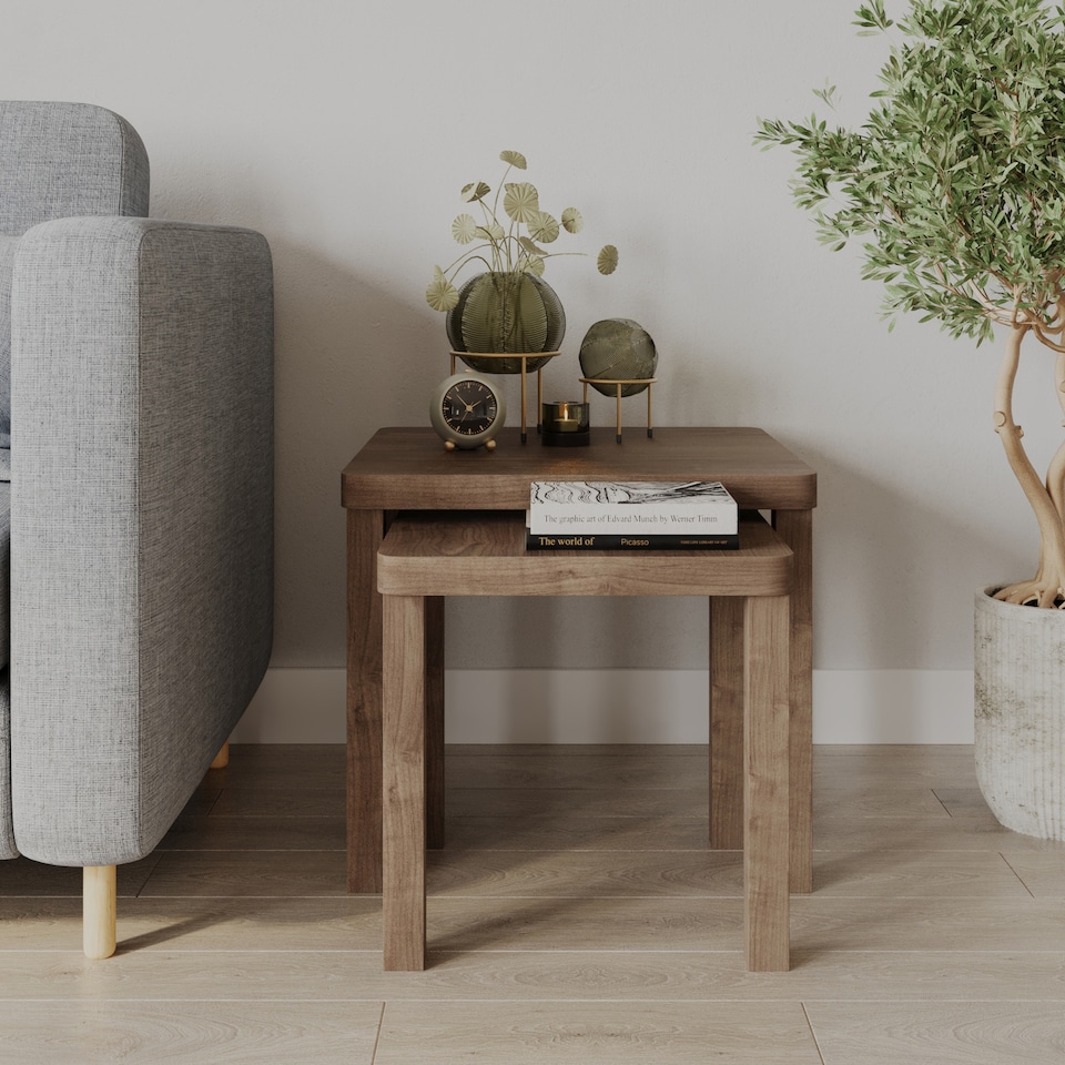 image 1 of URBNLIVING Square Wooden Nesting Stacking Tables Set Of 2 | Multi | Oak | 2