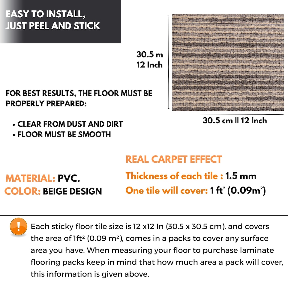 image 1 of NOVECRAFTO Vinyl Floor Tiles Self Adhesive – 12x12in Peel and Stick Flooring with Beige Faux Carpet Effect – Durable & Easy to Clean for Any Room | Brown | 5.57 sqm
